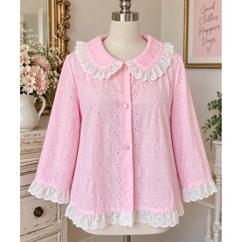Vintage Pink Eyelet Bed Jacket Coquette Ruffle Collar Union Made USA